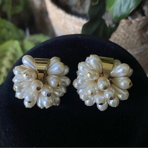 Vintage Estate Faux Pearl Gold Tone Cluster Stud Earrings